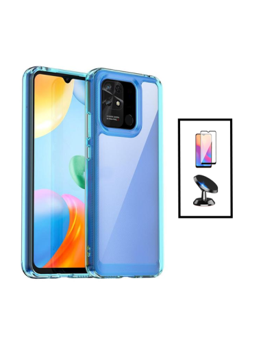 Kit AluminArmor Airbag Protection + Película 5D Full Cover + Suporte Magnético para Xiaomi Redmi 10C - Transparente/ Azul Escuro