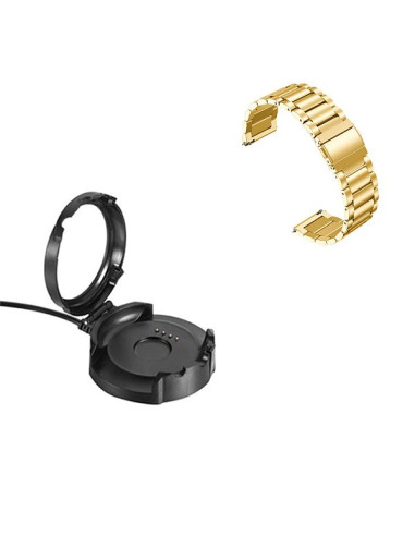 Kit Bracelete Aço Stainless Lux + Ferramenta + Carregador Usb Charger para AmazFit Pace 2 - Ouro