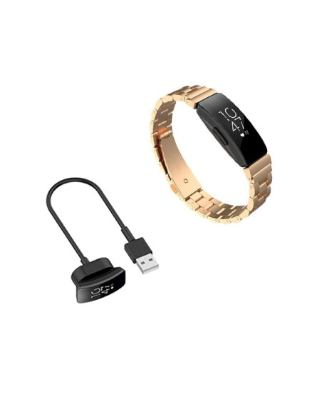 Kit Bracelete Aço Stainless Lux + Ferramenta + Carregador Usb Charger para Fitbit Inspire - Ouro