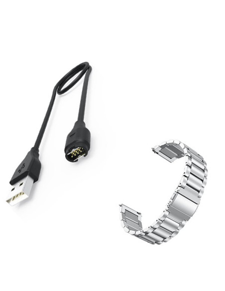 Kit Bracelete Aço Stainless Lux + Ferramenta + Carregador Usb Charger para Garmin Forerunner 645 - Cinza