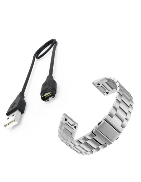 Kit Bracelete Aço Stainless Lux + Ferramenta + Carregador Usb Charger para Garmin Forerunner 945 - Cinza