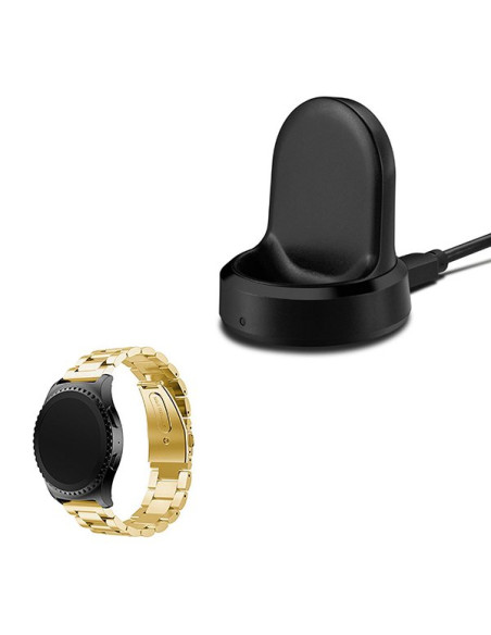 Kit Bracelete Aço Stainless Lux + Ferramenta + Carregador Usb Charger para Samsung Gear S3 Frontier - Ouro