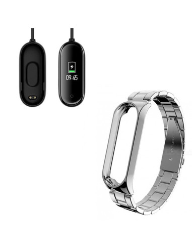 Kit Bracelete Aço Stainless Lux + Ferramenta + Carregador Usb Charger para Xiaomi Mi Band 4 - Cinza