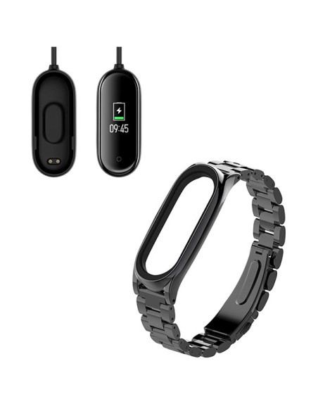 Kit Bracelete Aço Stainless Lux + Ferramenta + Carregador Usb Charger para Xiaomi Mi Band 4 - Preto