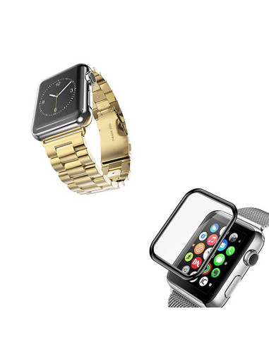 Kit Bracelete Aço Stainless Lux + Ferramenta + Película de Vidro 3D para Apple Watch Series 4 - 44mm - Ouro