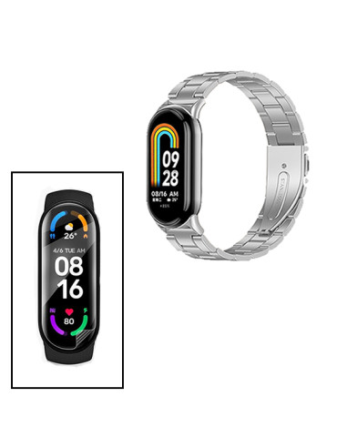 Kit Bracelete Aço Stainless Lux + Ferramenta + Película Protectora Ecrã Gel Full Cover para Xiaomi Mi Band 8 - Cinza