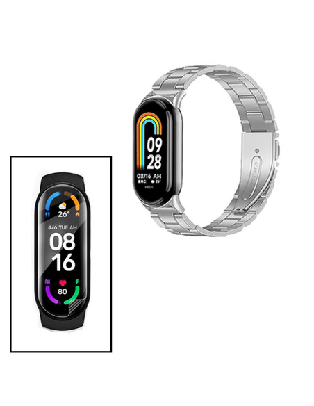 Kit Bracelete Aço Stainless Lux + Ferramenta + Película Protectora Ecrã Gel Full Cover para Xiaomi Mi Band 8 - Cinza