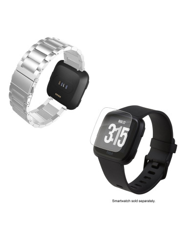 Kit Bracelete Aço Stainless Lux + Ferramenta + Película Protectora Ecrã Vidro para Fitbit Versa - Cinza