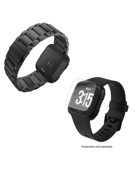 Kit Bracelete Aço Stainless Lux + Ferramenta + Película Protectora Ecrã Vidro para Fitbit Versa Lite - Preto