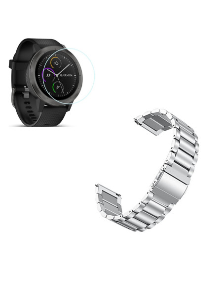 Kit Bracelete Aço Stainless Lux + Ferramenta + Película Protectora Ecrã Vidro para Garmin Forerunner 645 - Cinza