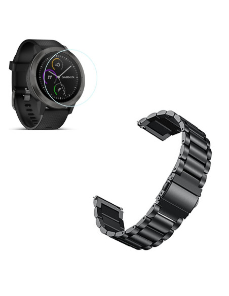 Kit Bracelete Aço Stainless Lux + Ferramenta + Película Protectora Ecrã Vidro para Garmin Forerunner 645 - Preto