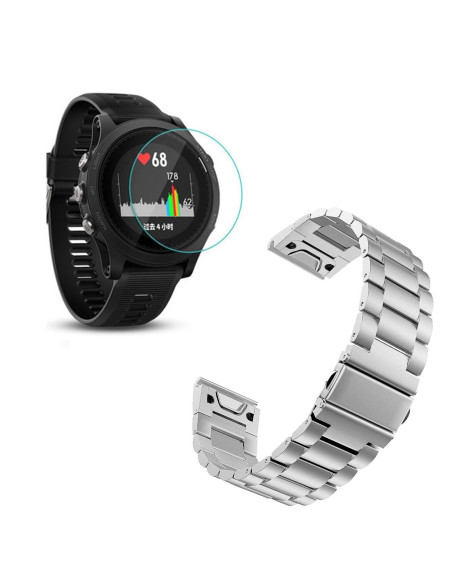 Kit Bracelete Aço Stainless Lux + Ferramenta + Película Protectora Ecrã Vidro para Garmin Forerunner 945 - Cinza