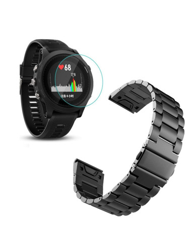 Kit Bracelete Aço Stainless Lux + Ferramenta + Película Protectora Ecrã Vidro para Garmin Forerunner 945 - Preto