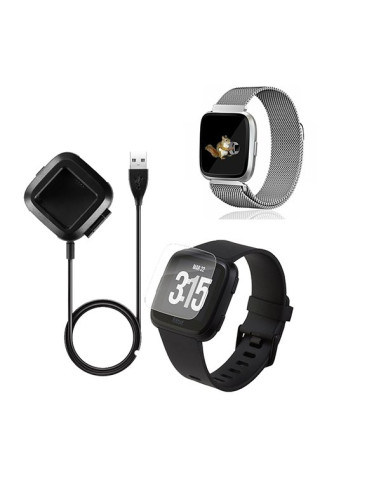 Kit Bracelete Milanese Loop Fecho Magnético + Carregador Usb Charger + Película Protectora Ecrã Vidro para Fitbit Versa - Cinza