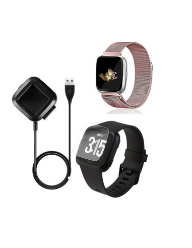 Kit Bracelete Milanese Loop Fecho Magnético + Carregador Usb Charger + Película Protectora Ecrã Vidro para Fitbit Versa - Rosa