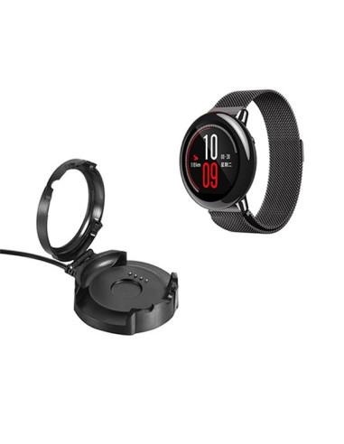 Kit Bracelete Milanese Loop Fecho Magnético + Carregador Usb Charger para AmazFit Pace 2 - Preto