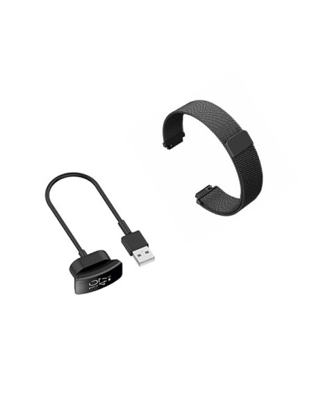 Kit Bracelete Milanese Loop Fecho Magnético + Carregador Usb Charger para Fitbit Inspire HR - Preto