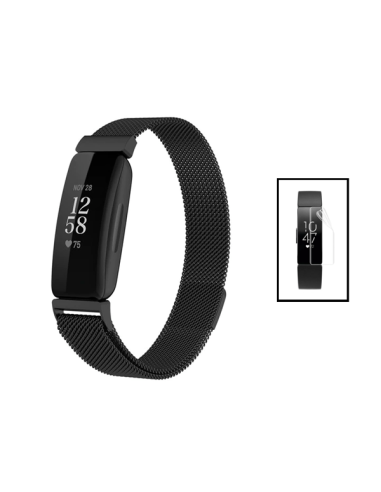 Kit Bracelete Milanese Loop Fecho Magnético + Película de Gel Full Cover para Fitbit Inspire 2 - Preto / Transparente