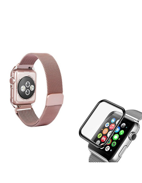 Kit Bracelete Milanese Loop Fecho Magnético + Película de Vidro 3D para Apple Watch Series 6 - 44mm - Rosa