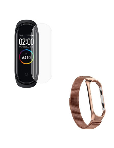 Kit Bracelete Milanese Loop Fecho Magnético + Película Protectora Ecrã Gel Full Cover para AmazFit Band 5 - Ouro Rosa