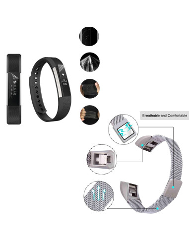 Kit Bracelete Milanese Loop Fecho Magnético + Película Protectora Ecrã Gel Full Cover para Fitbit Alta - Cinza