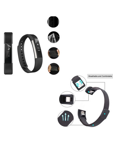 Kit Bracelete Milanese Loop Fecho Magnético + Película Protectora Ecrã Gel Full Cover para Fitbit Alta - Preto