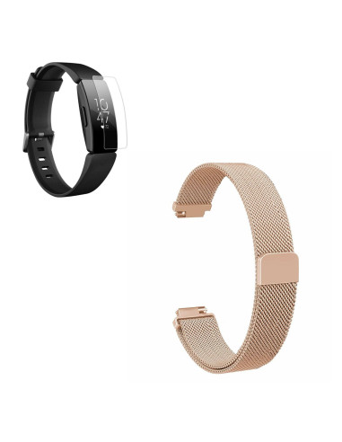 Kit Bracelete Milanese Loop Fecho Magnético + Película Protectora Ecrã Gel Full Cover para Fitbit Inspire - Rosa