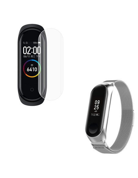 Kit Bracelete Milanese Loop Fecho Magnético + Película Protectora Ecrã Gel Full Cover para Xiaomi Mi Band 7 - Cinza