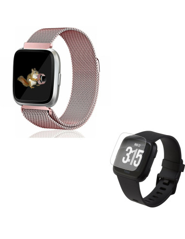 Kit Bracelete Milanese Loop Fecho Magnético + Película Protectora Ecrã Vidro para Fitbit Versa - Rosa