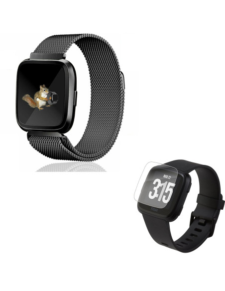 Kit Bracelete Milanese Loop Fecho Magnético + Película Protectora Ecrã Vidro para Fitbit Versa Lite - Preto