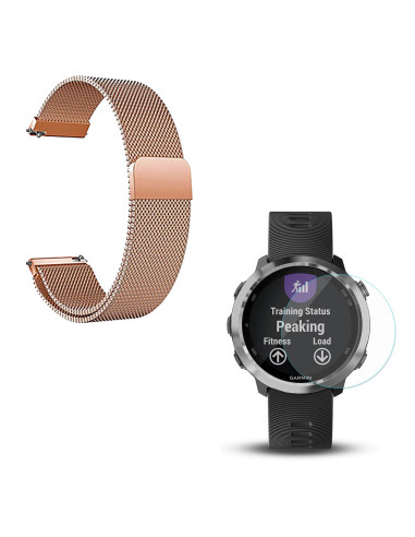 Kit Bracelete Milanese Loop Fecho Magnético + Película Protectora Ecrã Vidro para Garmin Forerunner 645 - Rosa