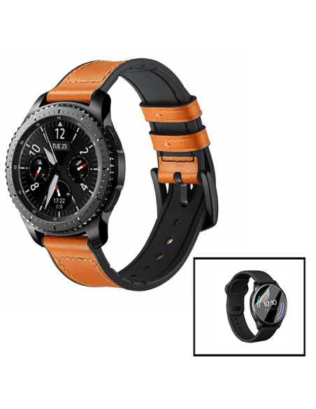 Kit Bracelete Premium SiliconLeather + Película de Hydrogel para AmazFit GTR 47mm - Castanho / Preto