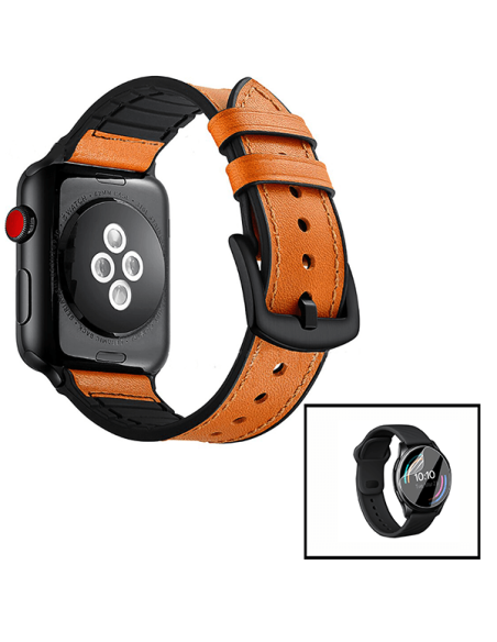 Kit Bracelete Premium SiliconLeather + Película de Hydrogel para Apple Watch Series SE - 44mm - Castanho / Preto