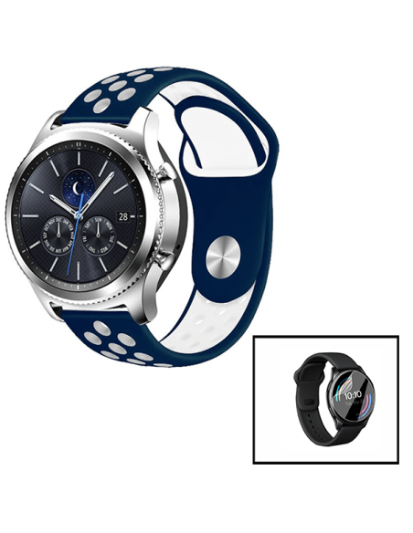 Kit Bracelete SportyStyle + Película de Hydrogel para AmazFit GTR 3 Pro - 47mm - Azul Escuro / Branco