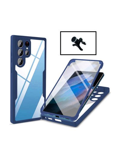 Kit Capa Anti-Crash 360 Protection + Suporte Magnético de Carro Reforçado para Samsung Galaxy S22 Ultra 5G - Azul Escuro