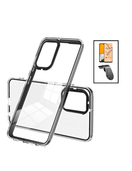 Kit Capa Doble Airbag Anti-Drop + CeramicGlass Full Cover + Suporte L Safe Driving para Samsung Galaxy A04s - Transparente