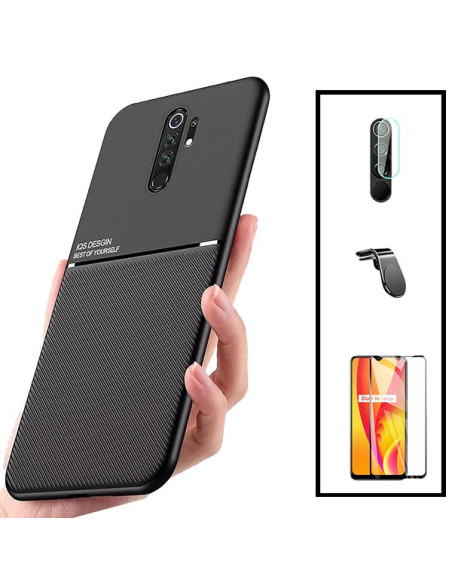 Kit Capa Magnetic Lux + 5D Full Cover + Película de Câmara Traseira + Suporte Magnético L Safe Driving para Xiaomi Redmi 9