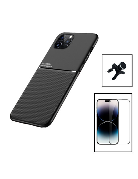 Kit Capa Magnetic Lux + 5D Full Cover + Suporte Magnético de Carro Reforçado para Apple iPhone 15 Plus - Preto