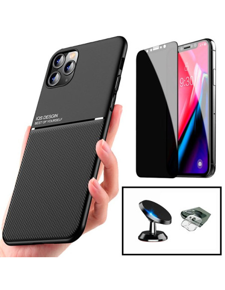 Kit Capa Magnetic Lux + Anti-Spy 5D Full Cover + Película de Câmara Traseira + Suporte Magnético de Carro para iPhone 11 Pro Max