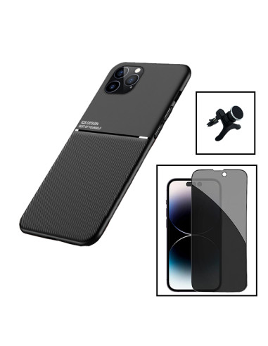 Kit Capa Magnetic Lux + Anti-Spy 5D Full Cover + Suporte Magnético de Carro Reforçado para Apple iPhone 15 Pro - Preto