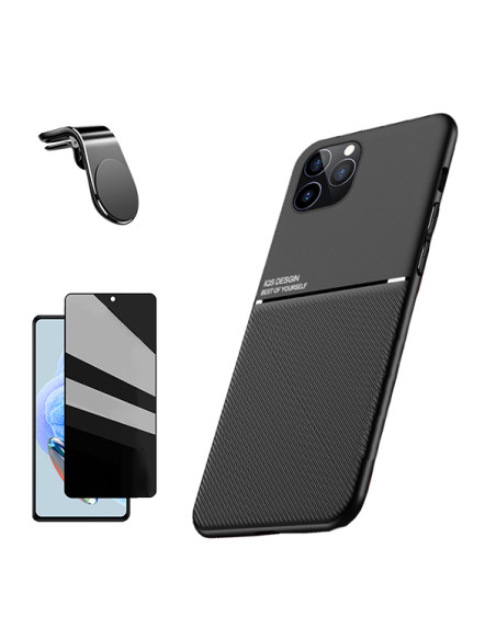 Kit Capa Magnetic Lux + Anti-Spy 5D Full Cover + Suporte Magnético L Safe Driving para Xiaomi Redmi Note 12R - Preto