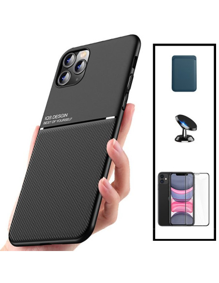 Kit Capa Magnetic Lux + Magnetic Wallet Azul + 5D Full Cover + Suporte Magnético de Carro para iPhone 11 Pro Max