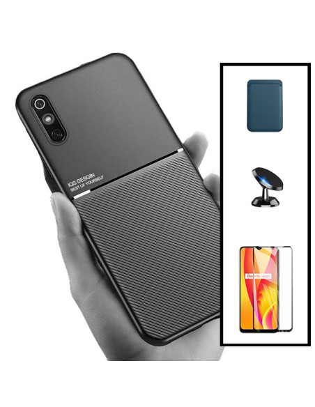 Kit Capa Magnetic Lux + Magnetic Wallet Azul + 5D Full Cover + Suporte Magnético de Carro para Xiaomi Redmi 9A Sport