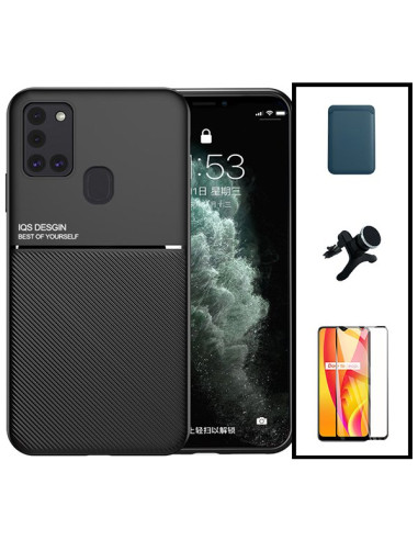 Kit Capa Magnetic Lux + Magnetic Wallet Azul + 5D Full Cover + Suporte Magnético de Carro Reforçado para Samsung Galaxy M30s