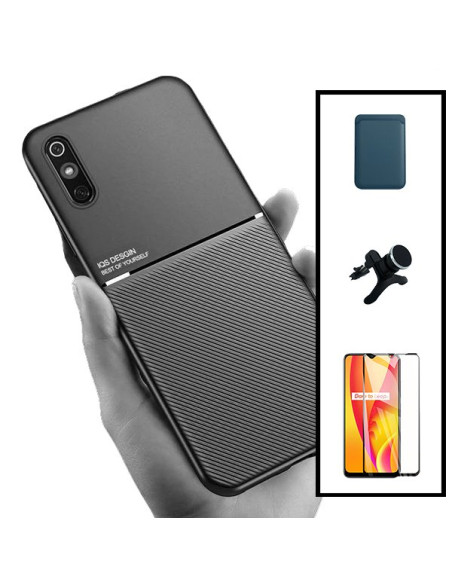 Kit Capa Magnetic Lux + Magnetic Wallet Azul + 5D Full Cover + Suporte Magnético de Carro Reforçado para Xiaomi Redmi 9A