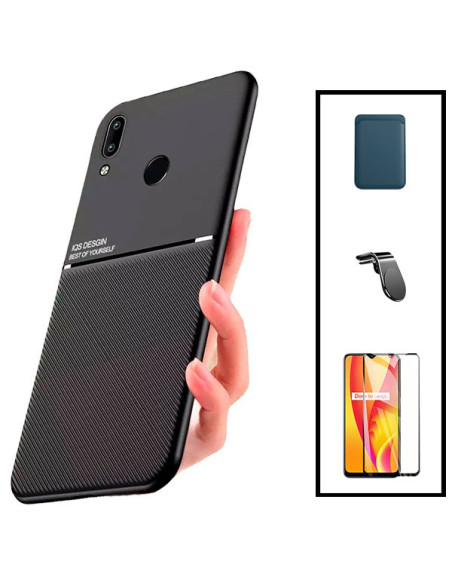 Kit Capa Magnetic Lux + Magnetic Wallet Azul + 5D Full Cover + Suporte Magnético L Safe Driving para Huawei P Smart Plus 2019