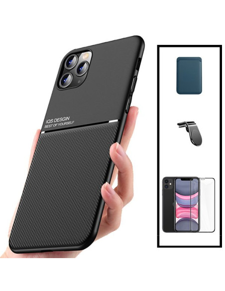 Kit Capa Magnetic Lux + Magnetic Wallet Azul + 5D Full Cover + Suporte Magnético L Safe Driving para iPhone 11