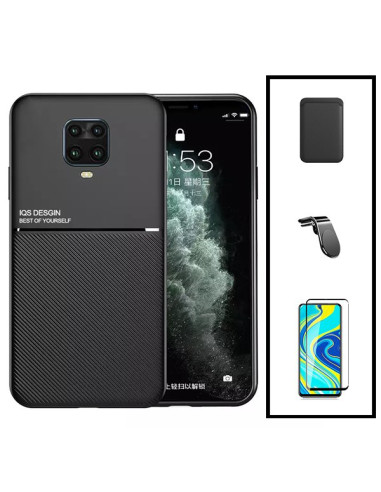 Kit Capa Magnetic Lux + Magnetic Wallet Azul + 5D Full Cover + Suporte Magnético L Safe Driving para Xiaomi Redmi Note 9 Pro Max