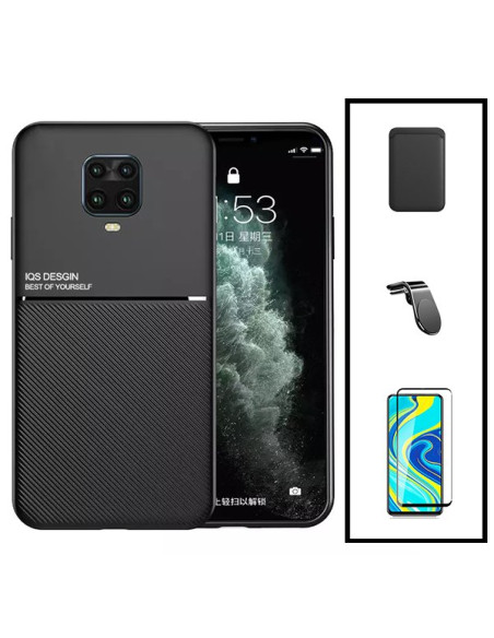 Kit Capa Magnetic Lux + Magnetic Wallet Azul + 5D Full Cover + Suporte Magnético L Safe Driving para Xiaomi Redmi Note 9s