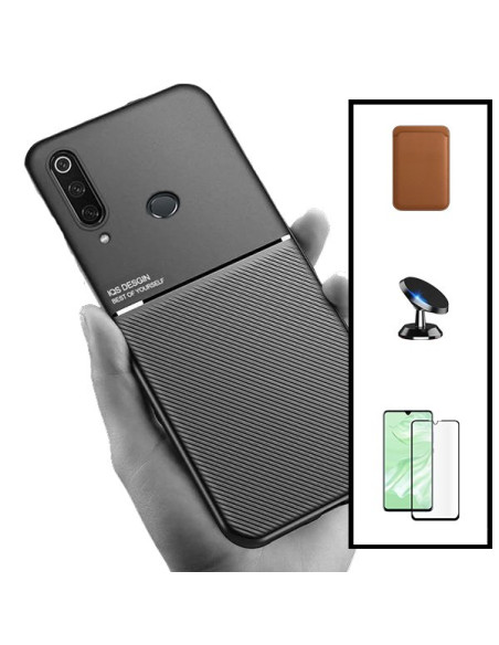 Kit Capa Magnetic Lux + Magnetic Wallet Castanho + 5D Full Cover + Suporte Magnético de Carro para Huawei P30 Lite New Edition